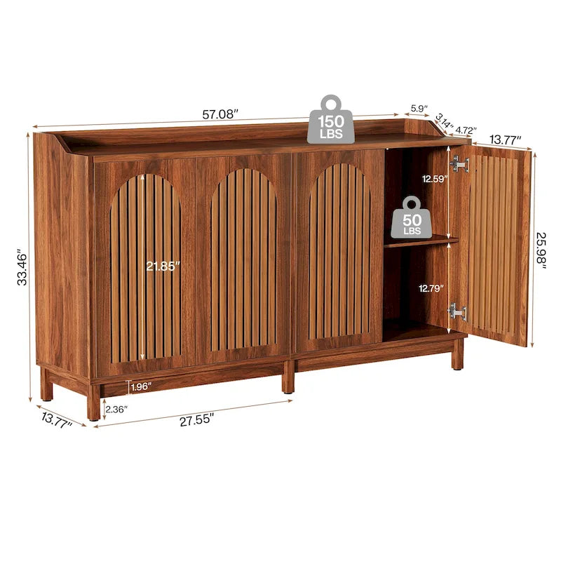 Buffet vaisselier, armoire de rangement de style rustique de 145 cm avec portes et étagère réglable