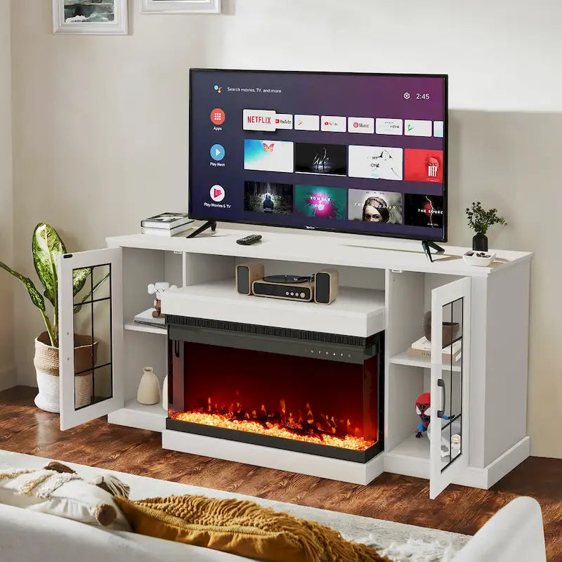 Mobile TV con caminetto elettrico Erommy, con ripiani in vetro regolabili e centro di intrattenimento
