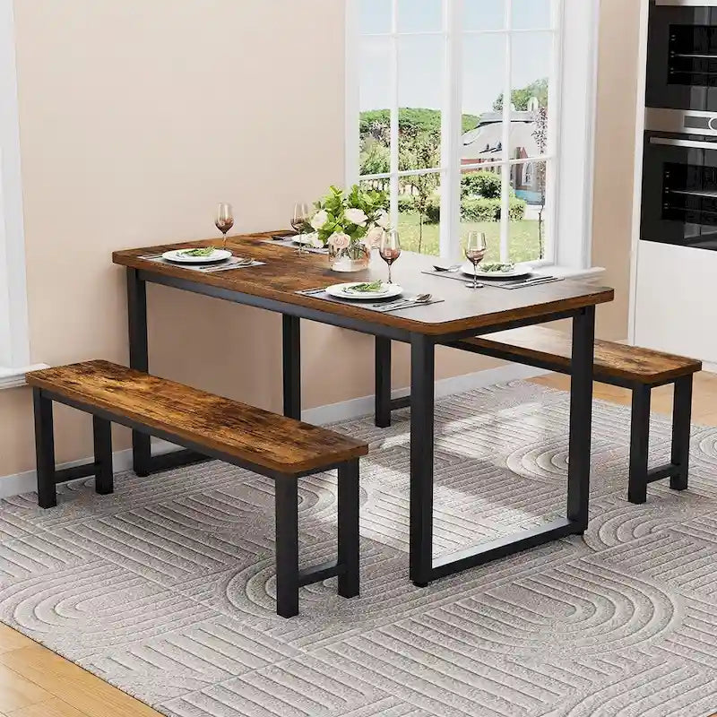 Farmhouse Dining Table Set with 2 Benches, 3-PieceTable Set
