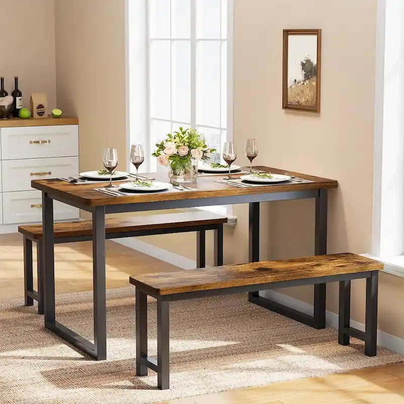 Tavolo da pranzo rustico con 2 panche, set da 3 pezzi