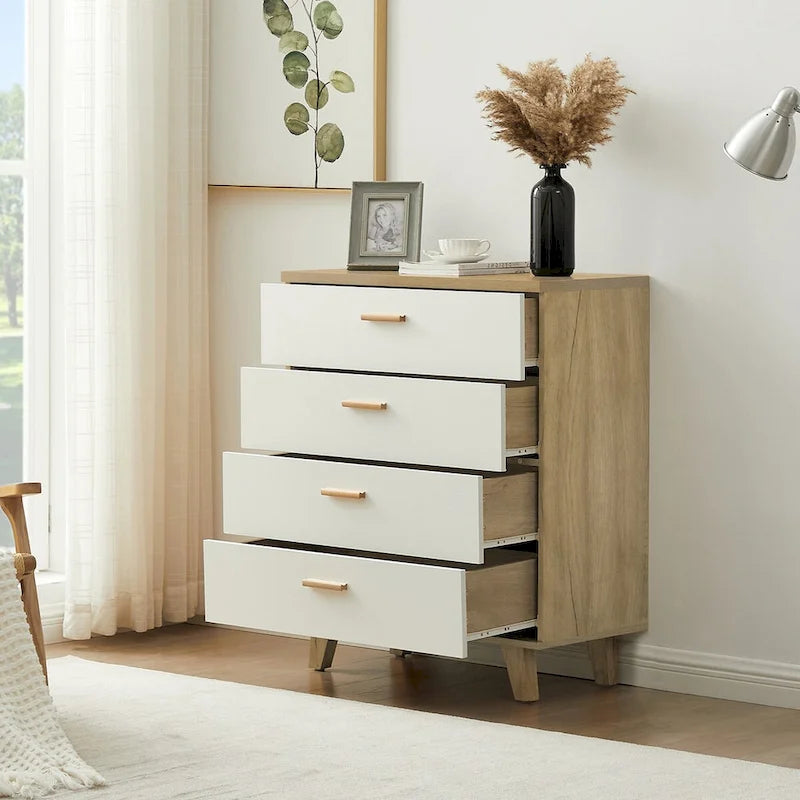 Cassettiera Laterale in Legno Massello di Rovere Bianco Moderno con Cassetti Contenitori