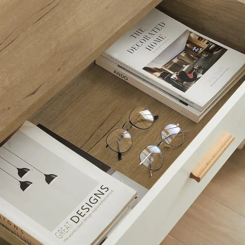Cassettiera Laterale in Legno Massello di Rovere Bianco Moderno con Cassetti Contenitori