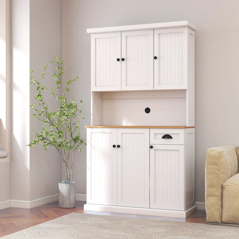 Élément de rangement de cuisine de 71 po avec comptoir pour micro-ondes, armoire vitrée avec étagères réglables, 6 portes, 1 tiroir
