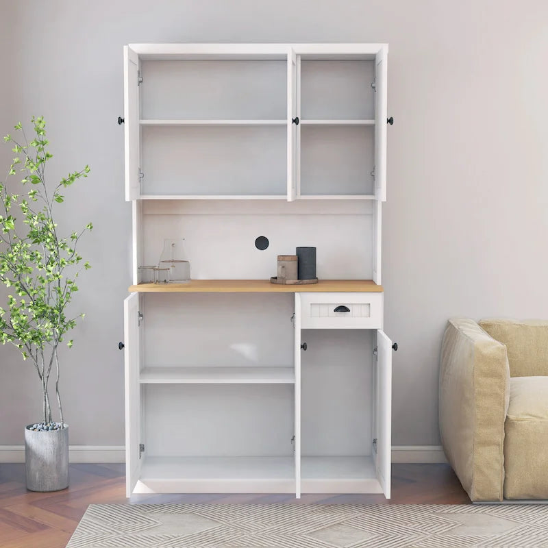 Élément de rangement de cuisine de 71 po avec comptoir pour micro-ondes, armoire vitrée avec étagères réglables, 6 portes, 1 tiroir