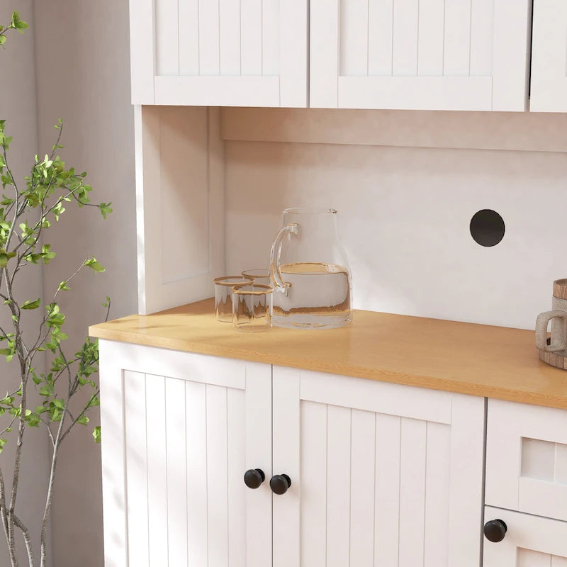 Élément de rangement de cuisine de 71 po avec comptoir pour micro-ondes, armoire vitrée avec étagères réglables, 6 portes, 1 tiroir