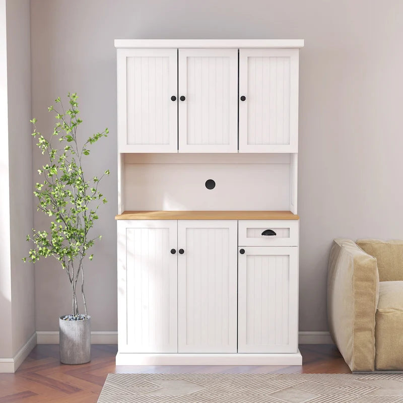 Élément de rangement de cuisine de 71 po avec comptoir pour micro-ondes, armoire vitrée avec étagères réglables, 6 portes, 1 tiroir