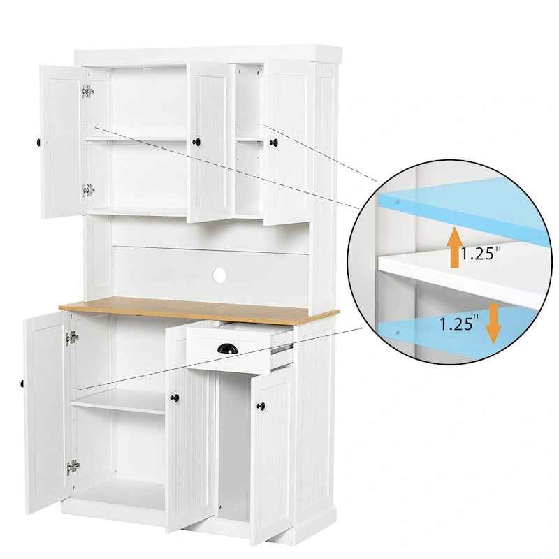 Élément de rangement de cuisine de 71 po avec comptoir pour micro-ondes, armoire vitrée avec étagères réglables, 6 portes, 1 tiroir