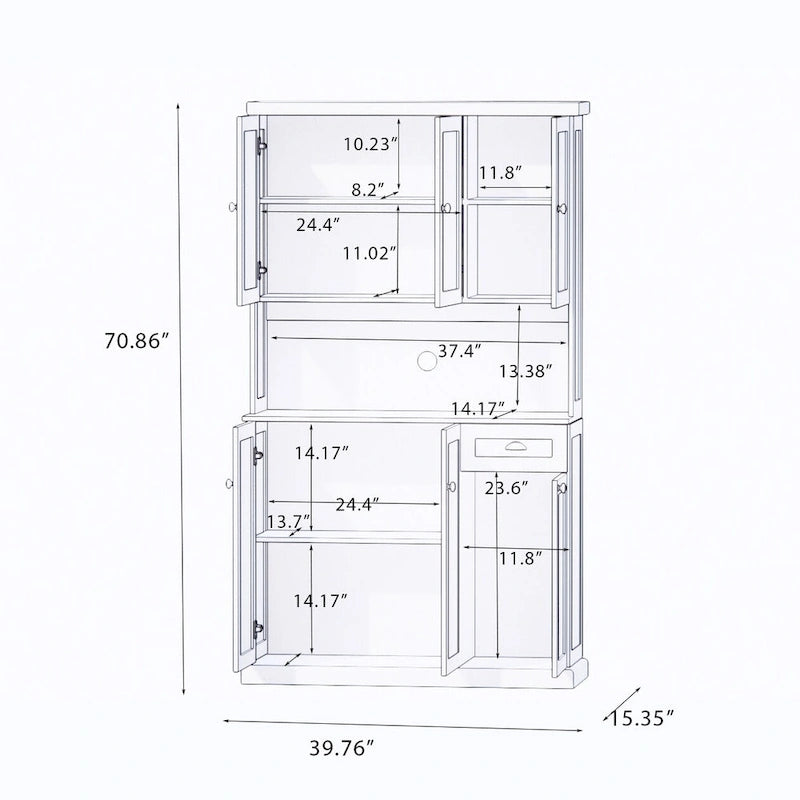 Élément de rangement de cuisine de 71 po avec comptoir pour micro-ondes, armoire vitrée avec étagères réglables, 6 portes, 1 tiroir