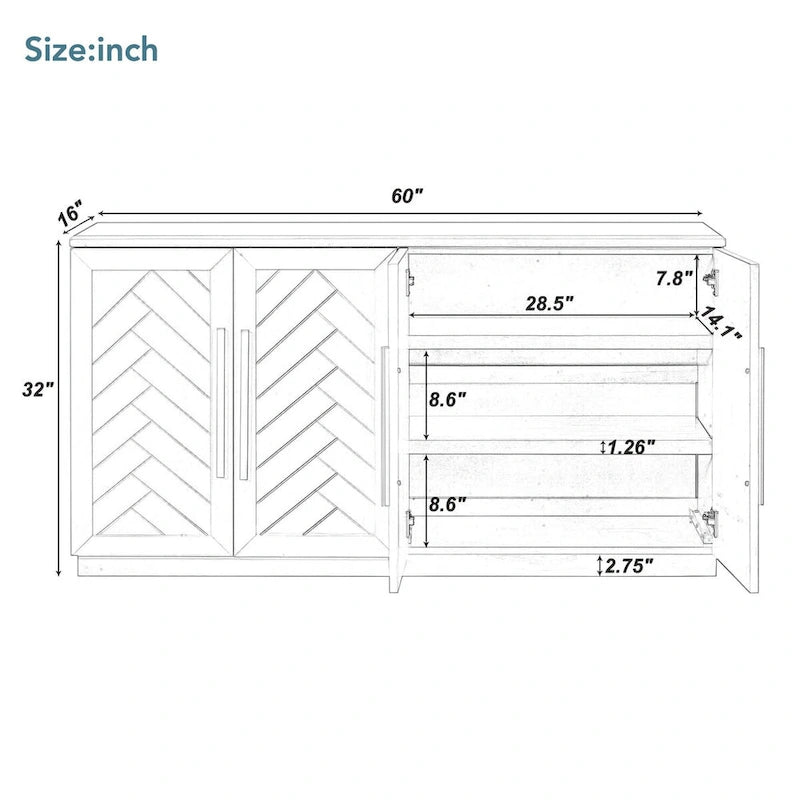 Madia in Legno Massello con 4 Ante, Ampia Credenza Contenitore