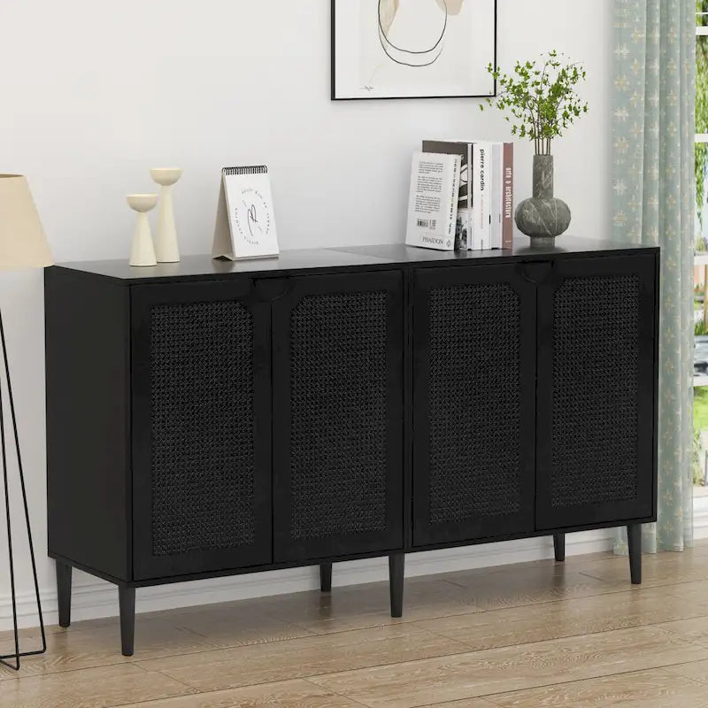 Anmytek Credenza/Mobile di servizio moderno in Rattan nero a 4 ante con ripiano regolabile - 160 cm L x 40 cm P x 90 cm A