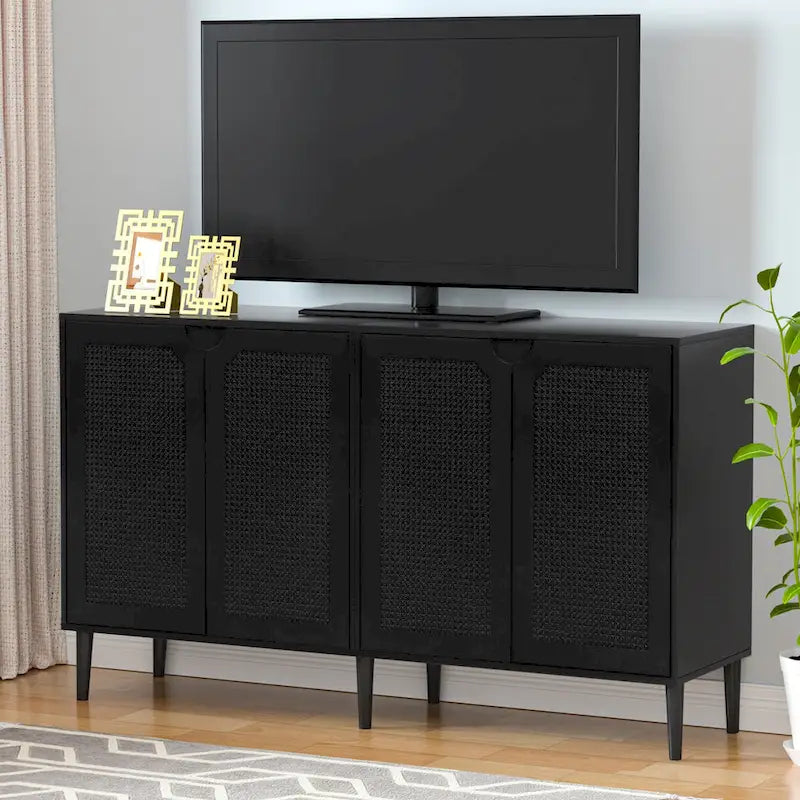 Anmytek Credenza/Mobile di servizio moderno in Rattan nero a 4 ante con ripiano regolabile - 160 cm L x 40 cm P x 90 cm A