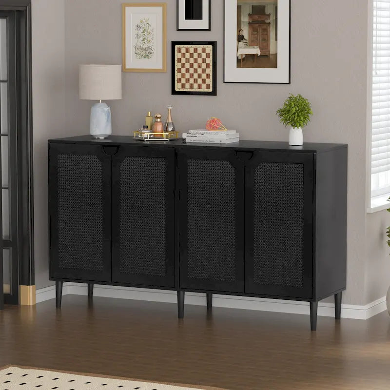 Anmytek Credenza/Mobile di servizio moderno in Rattan nero a 4 ante con ripiano regolabile - 160 cm L x 40 cm P x 90 cm A