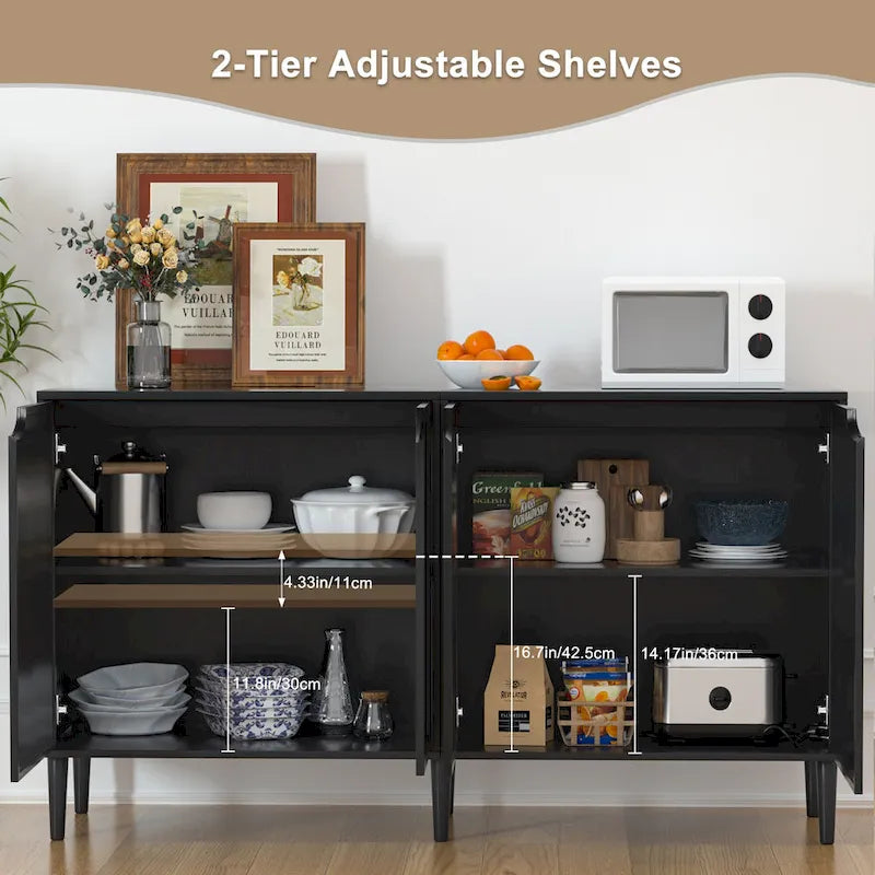 Anmytek Credenza/Mobile di servizio moderno in Rattan nero a 4 ante con ripiano regolabile - 160 cm L x 40 cm P x 90 cm A