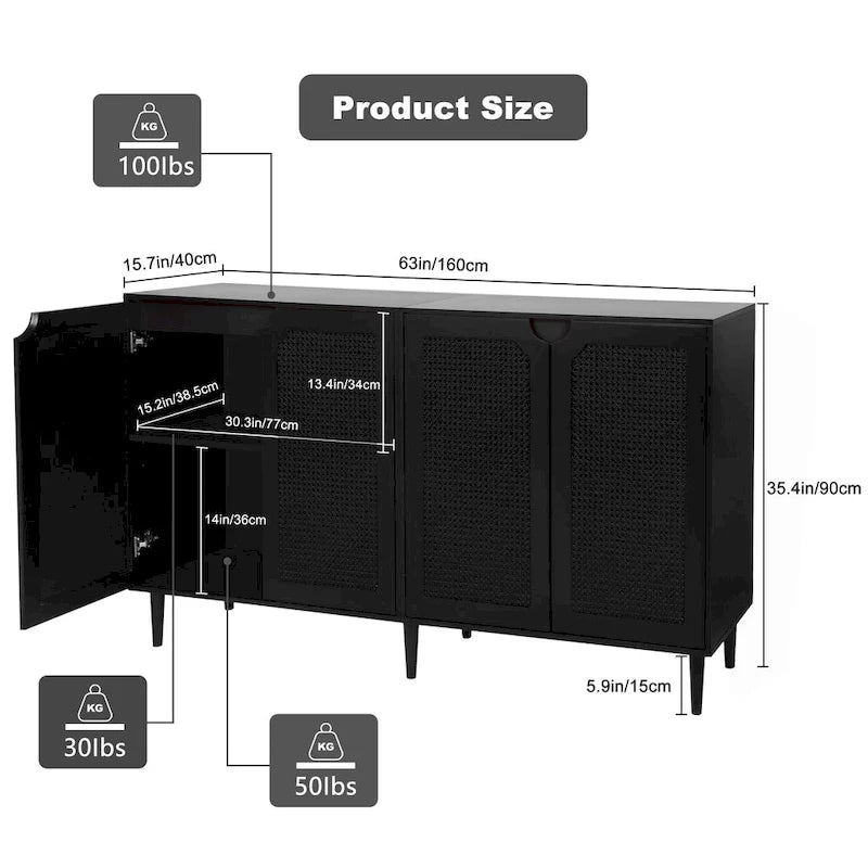Anmytek Credenza/Mobile di servizio moderno in Rattan nero a 4 ante con ripiano regolabile - 160 cm L x 40 cm P x 90 cm A