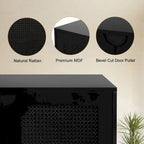 Anmytek Credenza/Mobile di servizio moderno in Rattan nero a 4 ante con ripiano regolabile - 160 cm L x 40 cm P x 90 cm A