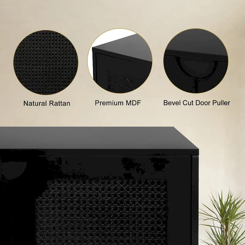 Anmytek Credenza/Mobile di servizio moderno in Rattan nero a 4 ante con ripiano regolabile - 160 cm L x 40 cm P x 90 cm A