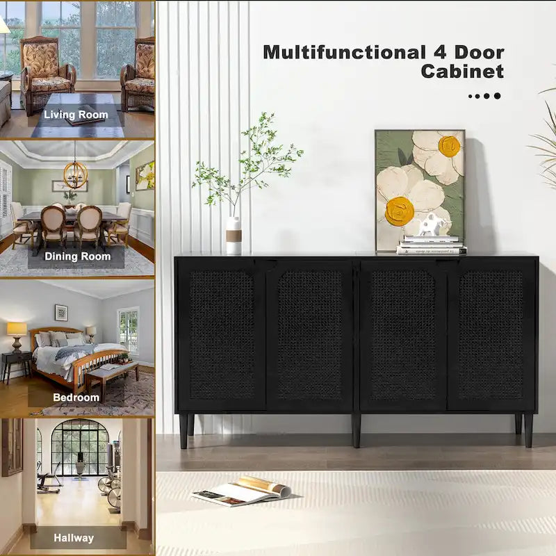 Anmytek Credenza/Mobile di servizio moderno in Rattan nero a 4 ante con ripiano regolabile - 160 cm L x 40 cm P x 90 cm A