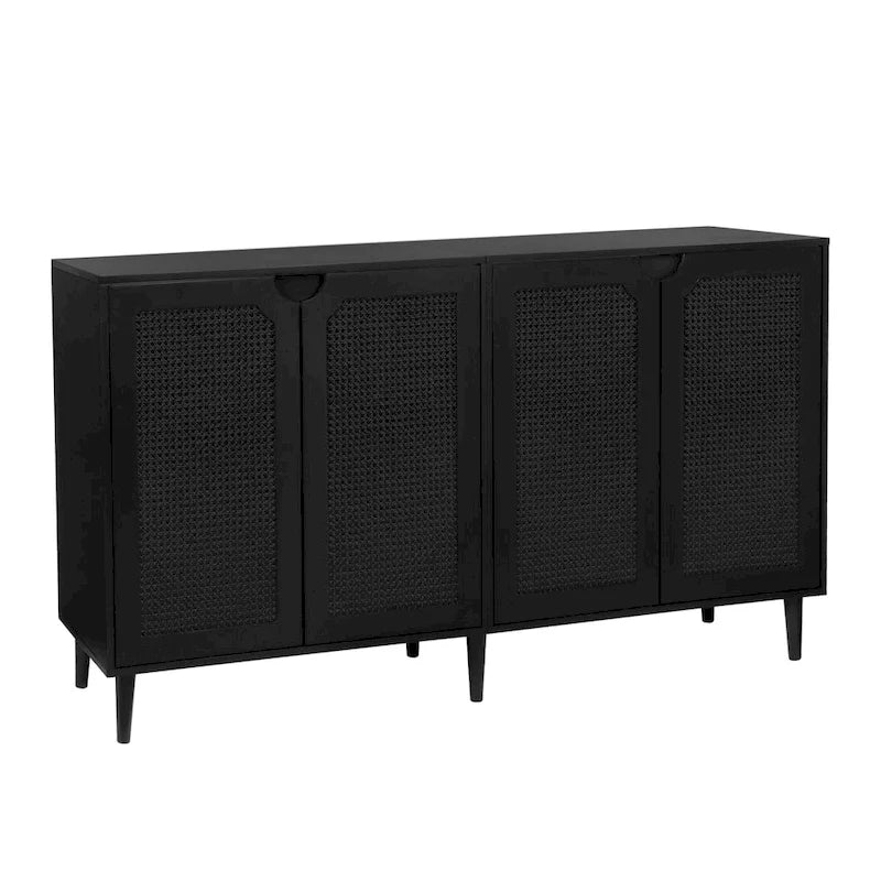 Anmytek Credenza/Mobile di servizio moderno in Rattan nero a 4 ante con ripiano regolabile - 160 cm L x 40 cm P x 90 cm A