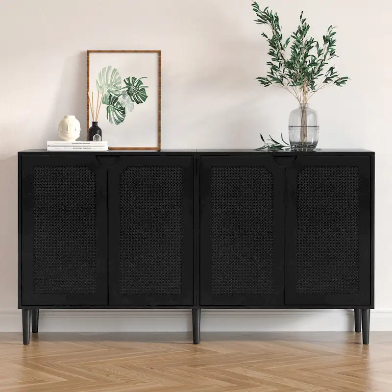 Anmytek Credenza/Mobile di servizio moderno in Rattan nero a 4 ante con ripiano regolabile - 160 cm L x 40 cm P x 90 cm A