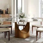 Tavolo da pranzo moderno rotondo per sala da pranzoPiano in pietra lucida bianca, piedistallo in carbonio bronzo
