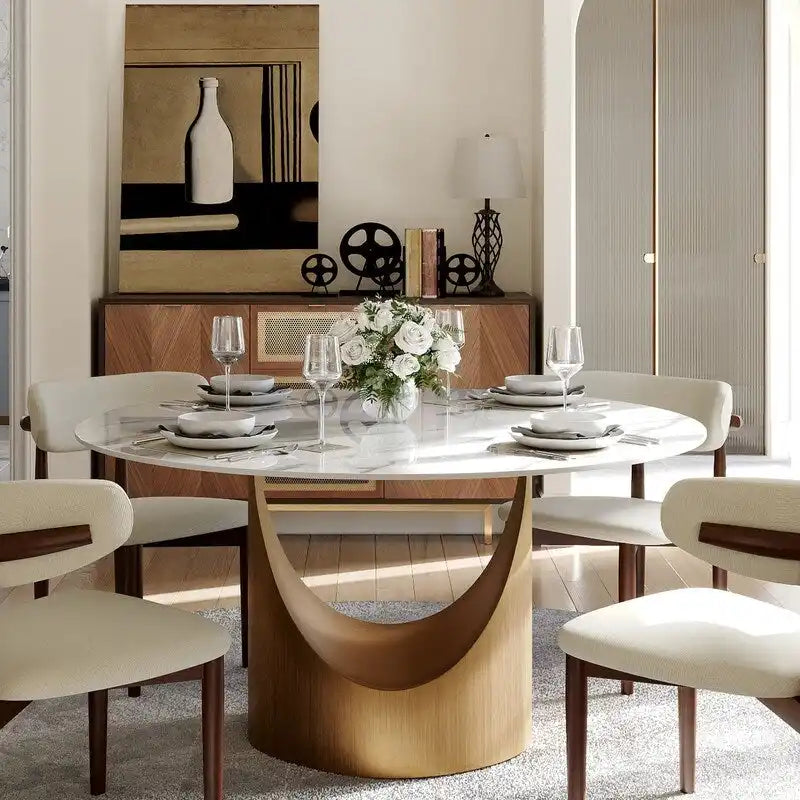 Tavolo da pranzo moderno rotondo per sala da pranzoPiano in pietra lucida bianca, piedistallo in carbonio bronzo