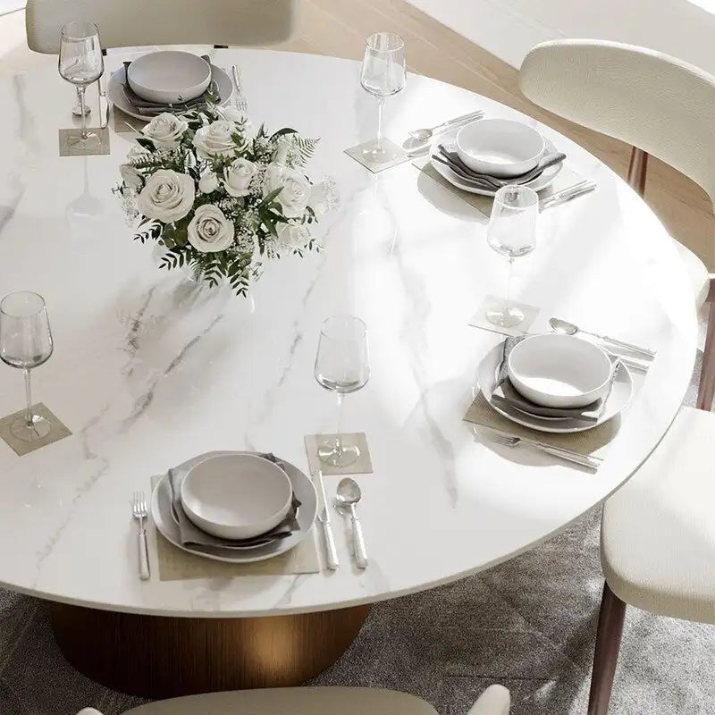 Tavolo da pranzo moderno rotondo per sala da pranzoPiano in pietra lucida bianca, piedistallo in carbonio bronzo
