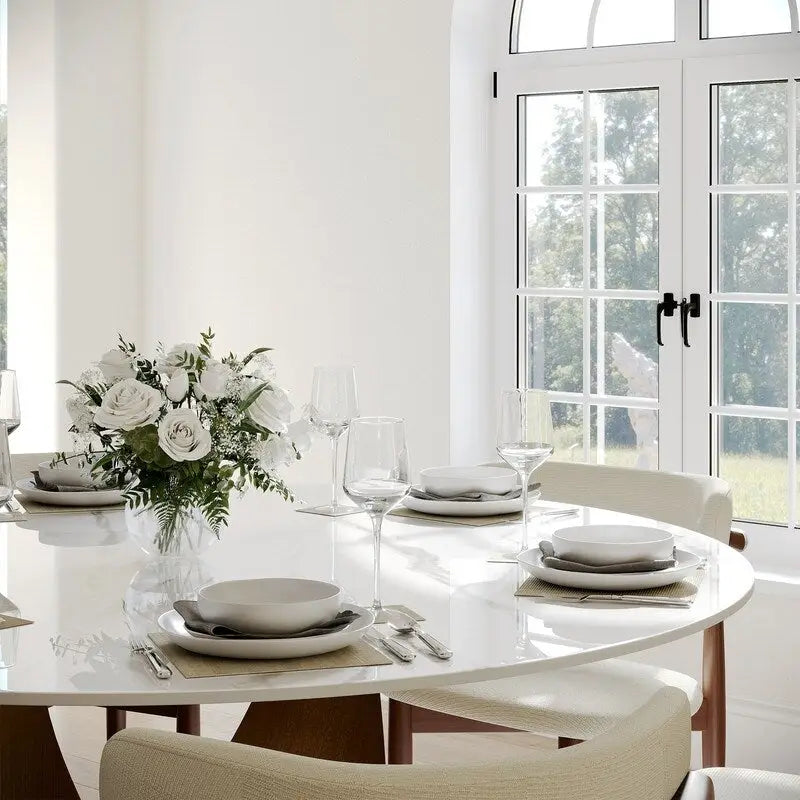 Tavolo da pranzo moderno rotondo per sala da pranzoPiano in pietra lucida bianca, piedistallo in carbonio bronzo