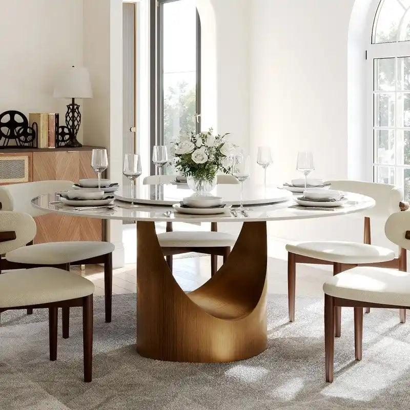 Tavolo da pranzo moderno rotondo per sala da pranzoPiano in pietra lucida bianca, piedistallo in carbonio bronzo