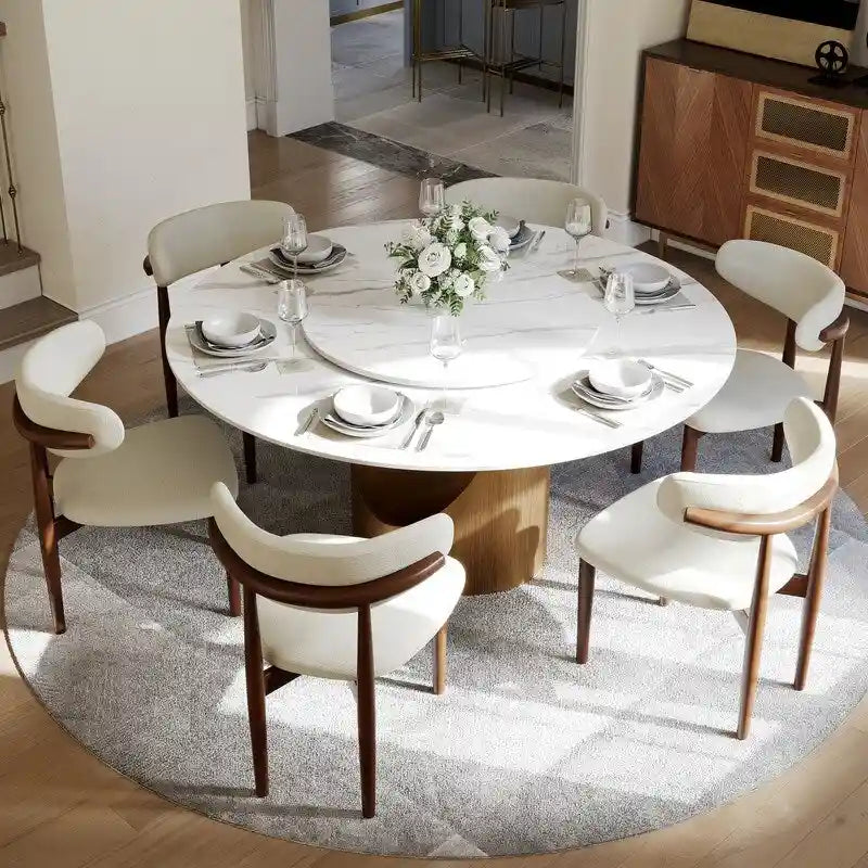 Tavolo da pranzo moderno rotondo per sala da pranzoPiano in pietra lucida bianca, piedistallo in carbonio bronzo