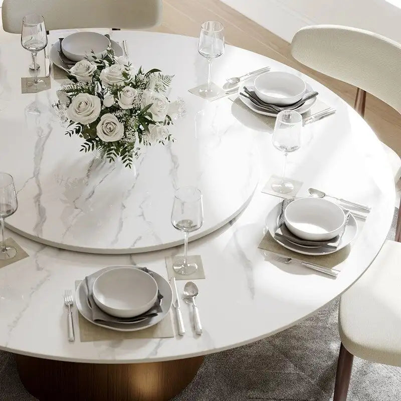 Tavolo da pranzo moderno rotondo per sala da pranzoPiano in pietra lucida bianca, piedistallo in carbonio bronzo