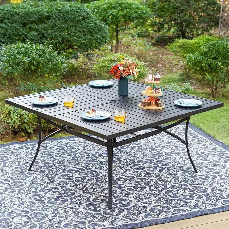 Captiva Designs Ensemble de salle à manger d'extérieur 9 pièces avec table carrée à lattes en métal et chaises pivotantes en textilène