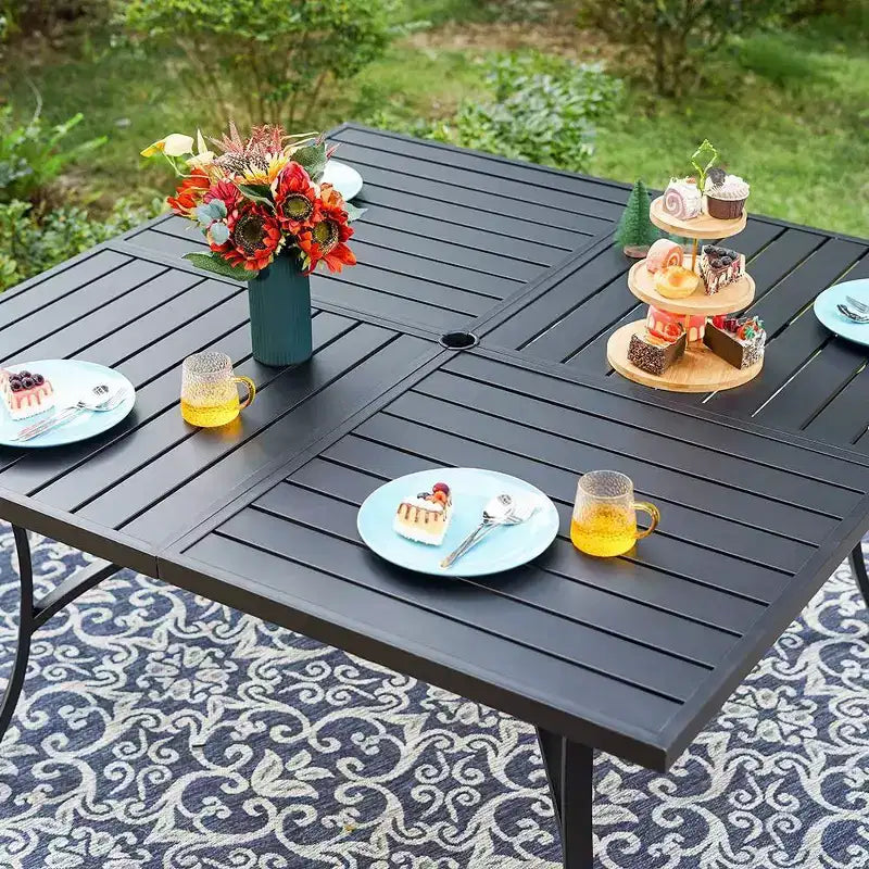 Captiva Designs Ensemble de salle à manger d'extérieur 9 pièces avec table carrée à lattes en métal et chaises pivotantes en textilène