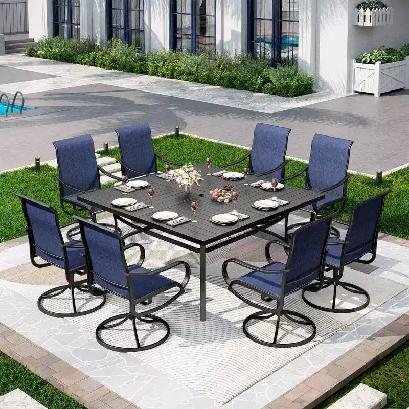 Captiva Designs Ensemble de salle à manger d'extérieur 9 pièces avec table carrée à lattes en métal et chaises pivotantes en textilène