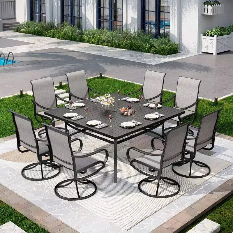 Captiva Designs 9pc Outdoor Slat-top Square Metal Dining Table and Sling Swivel Chairs