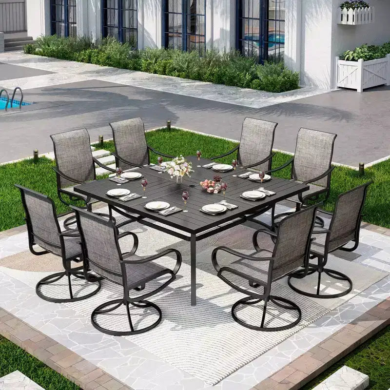 Captiva Designs Ensemble de salle à manger d'extérieur 9 pièces avec table carrée à lattes en métal et chaises pivotantes en textilène