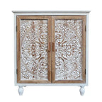 Vintage Free-Standing Buffet Cabinet with 2 Carved Doors,Brown and White, 34.5 H - 31.3x 14.2x 34.5