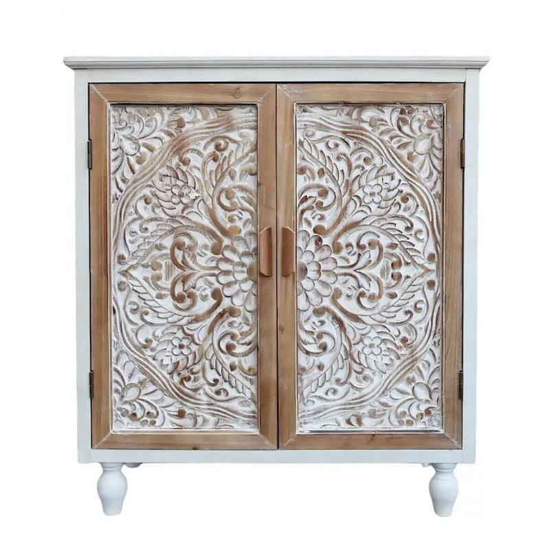 Vintage Free-Standing Buffet Cabinet with 2 Carved Doors,Brown and White, 34.5 H - 31.3x 14.2x 34.5