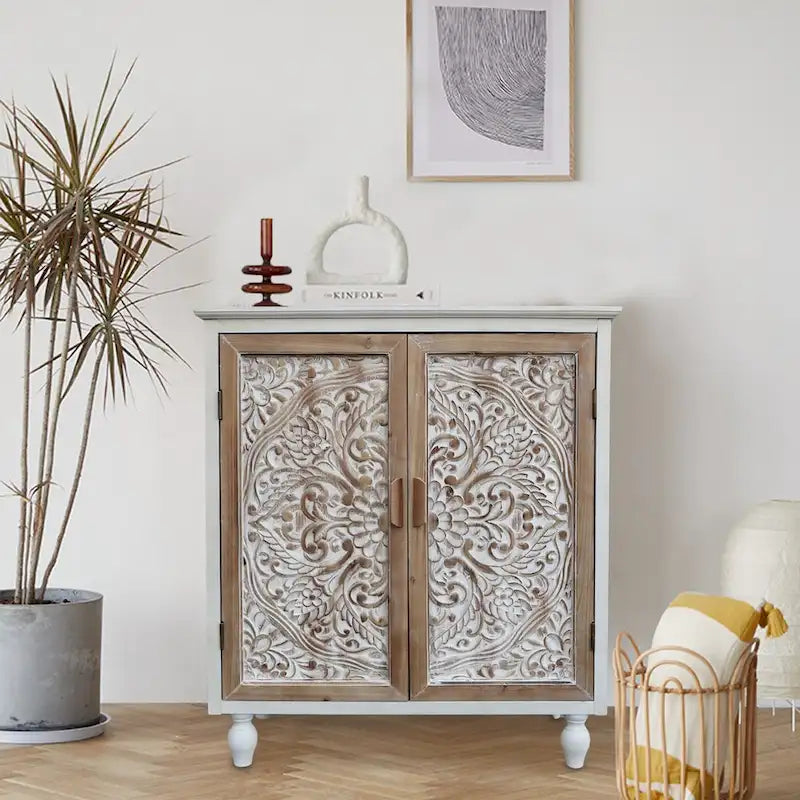 Mobile Buffet Vintage Autoportante con 2 Ante Intagliate, Marrone e Bianco, 87,6 cm H - 79,5x 36,1x 87,6