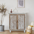 Mobile Buffet Vintage Autoportante con 2 Ante Intagliate, Marrone e Bianco, 87,6 cm H - 79,5x 36,1x 87,6