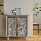 Mobile Buffet Vintage Autoportante con 2 Ante Intagliate, Marrone e Bianco, 87,6 cm H - 79,5x 36,1x 87,6