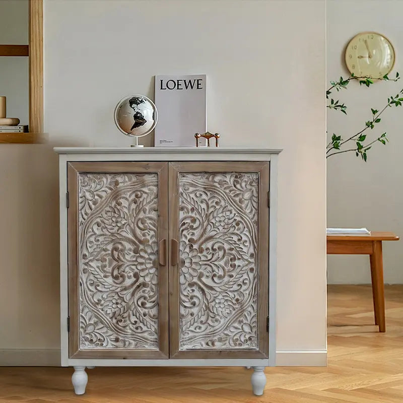 Mobile Buffet Vintage Autoportante con 2 Ante Intagliate, Marrone e Bianco, 87,6 cm H - 79,5x 36,1x 87,6