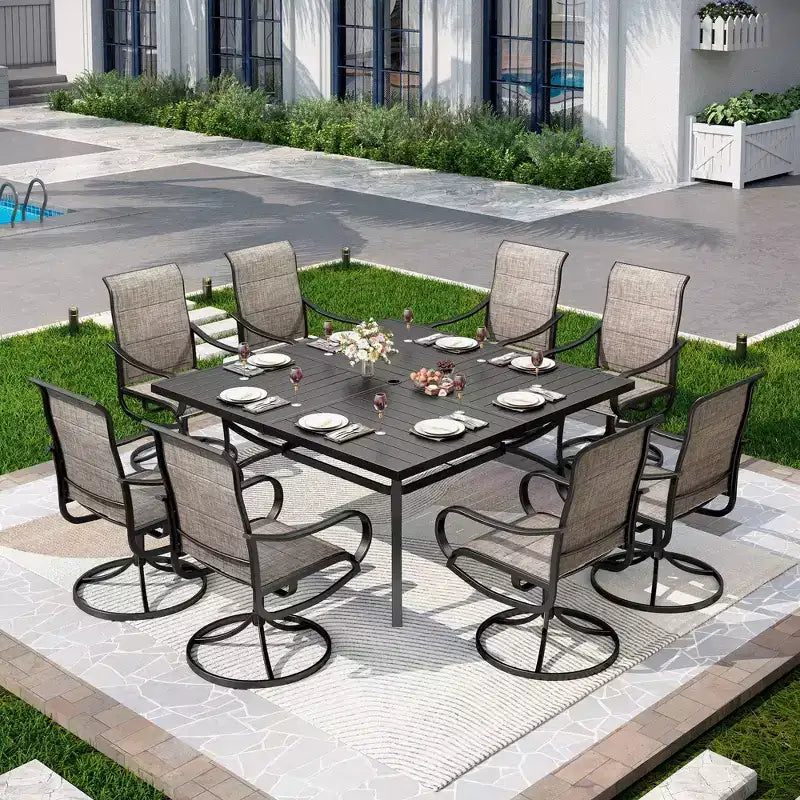 Captiva Designs – Ensemble de salle à manger 9 pièces d'extérieur, table carrée en métal à lattes et chaises pivotantes rembourrées en toile de Captiva Designs