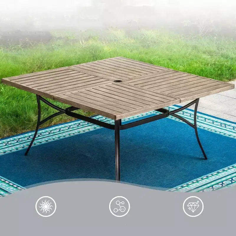 Captiva Designs Tavolo da pranzo quadrato in metallo con piano a doghe e sedie girevoli in vimini con cuscini spessi, 9 pezzi