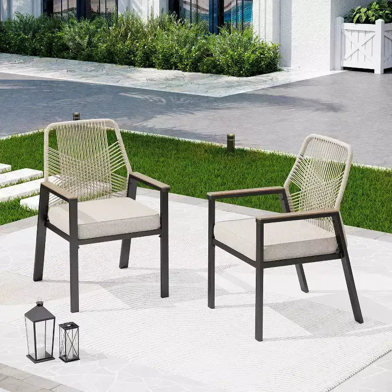 Captiva Designs Set da pranzo da 9 pezzi per esterni con tavolo rettangolare in acciaio e sedie fisse in vimini con cuscino spesso