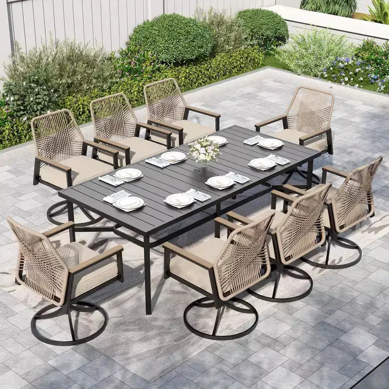 Captiva Designs 9pc Outdoor Dining Rectangle Steel Table and Thick Cushion Fixed Wicker Chairs