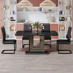 Tavolo da pranzo. Piano con motivo in finto marmo nero. Gambe in MDF nero, linee oro, base nera