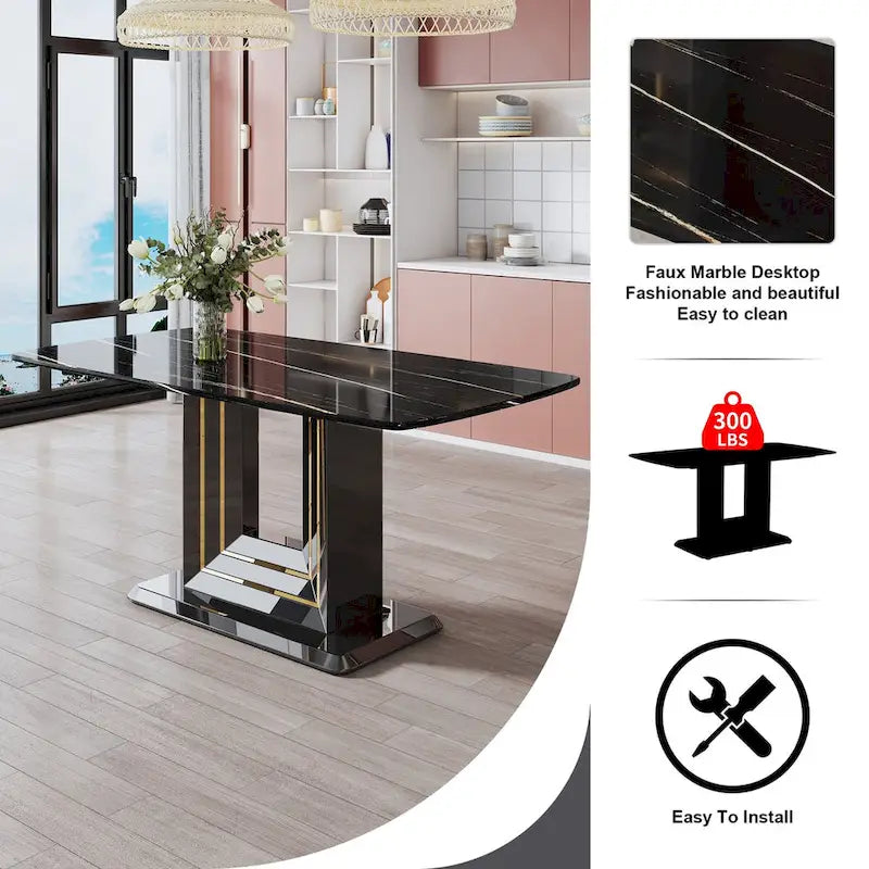 Tavolo da pranzo. Piano con motivo in finto marmo nero. Gambe in MDF nero, linee oro, base nera