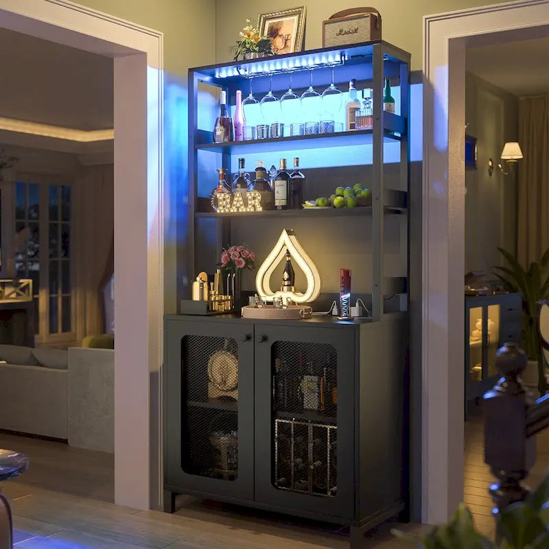 67 mobile bar alto per vino, mobile per liquori con luci a LED, portabicchieri, prese di corrente, espositore angolare per utensili a 5 ripiani
