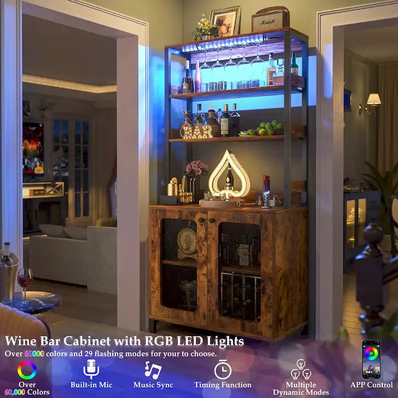 67 mobile bar alto per vino, mobile per liquori con luci a LED, portabicchieri, prese di corrente, espositore angolare per utensili a 5 ripiani