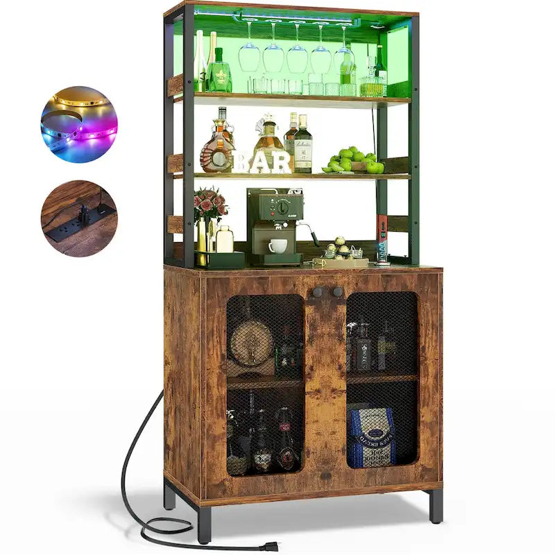 67 mobile bar alto per vino, mobile per liquori con luci a LED, portabicchieri, prese di corrente, espositore angolare per utensili a 5 ripiani